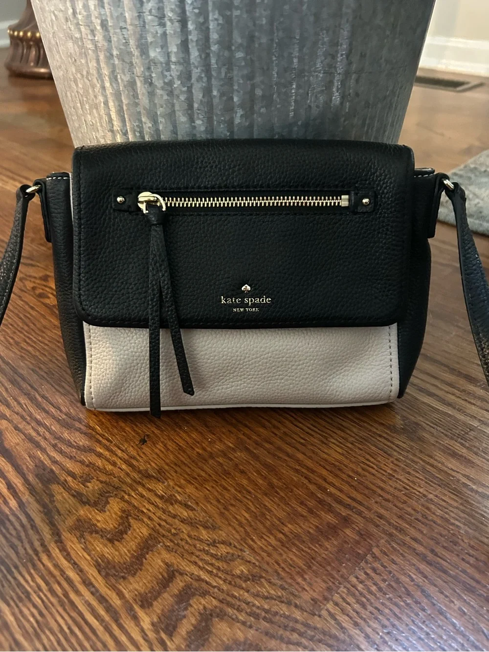 Kate Spade New York Black Cream Pebbled Leather Crossbody Bag